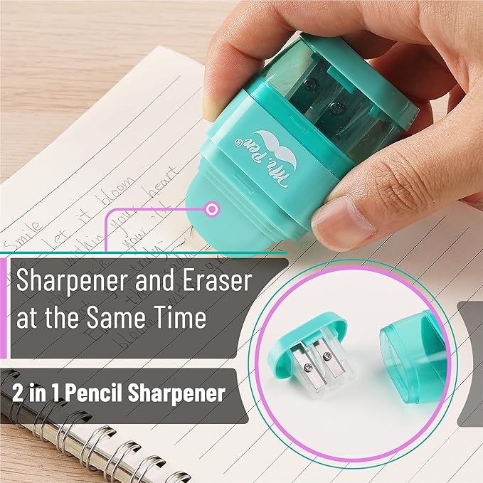 Mr. Pen- Pencil Sharpener & Eraser, 4 Pack, 2-in-1 Manual Sharpeners with Canister, 2 Sharpening Holes for Standard & Jumbo Pencils, Colorful Dual Hole Design for School, Office, Home, Kids