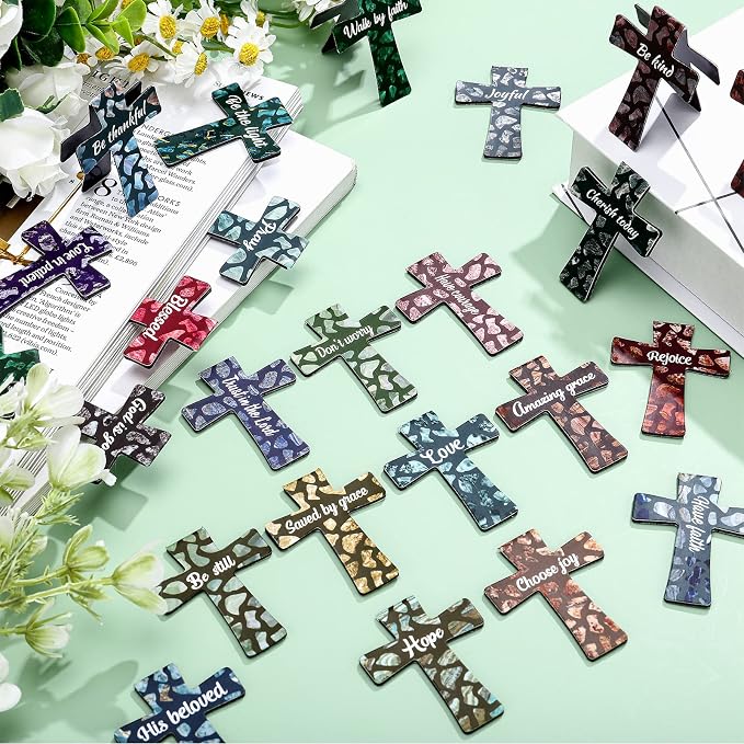 48 Pcs Magnetic Cross Bookmarks Bulk Church Gifts Christian Gifts for Women Bulk Christian Bookmarks Bible Verse Magnetic Page Clips for Women Christmas School Bible Study Group(Marble Style)