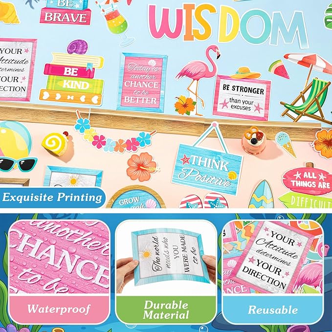Mooliwe 57 Pcs Summer Bulletin Board Set Tropical Hawaii Inspirational Classroom Decoration Plant Surfboard Cutout for School Office Chalkboard Door Wall Decor