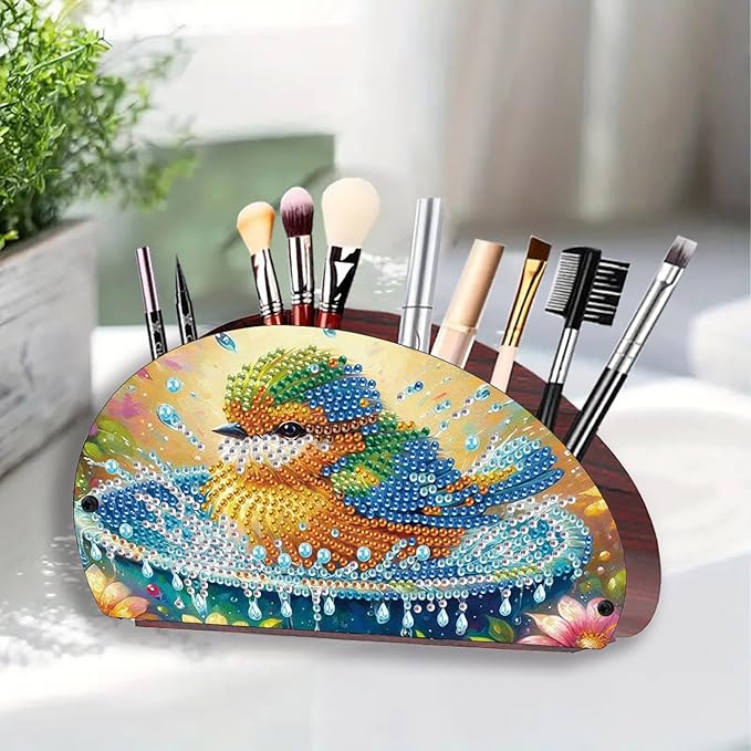 Remote Control Holder with 4 Compartments, DIY Diamond Art Painting Wooden Half Moon TV Control Holder for Remote Controllers, Office Supplies, Makeup Brush, Media Accessories-Bird