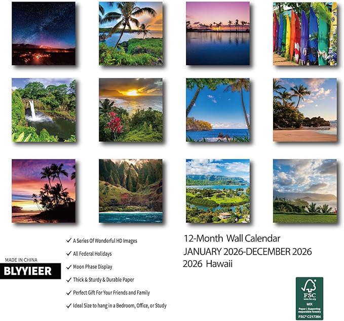 2026 Wall Calendar Hawaii, 12 Months Hangable Wall Calendars, 12" x 24" (Open), Thick Glossy Paper, Organizing & Planning
