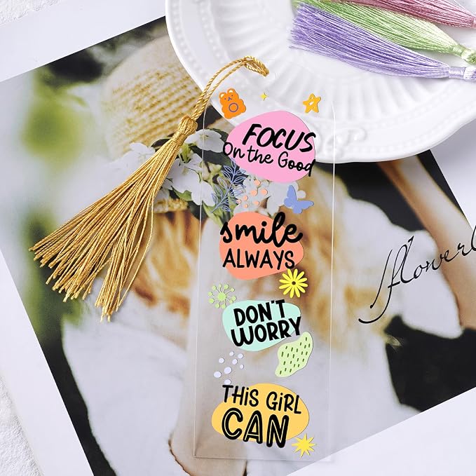 Dazoratix Inspirational Bookmark Making Kit - 60 PCs Boho Motivational Clear Acrylic Bookmarks Blanks Colorful UV DTF Stickers DIY Craft Transparent Book Marks with Tassels for Reading Lover Kids Gift