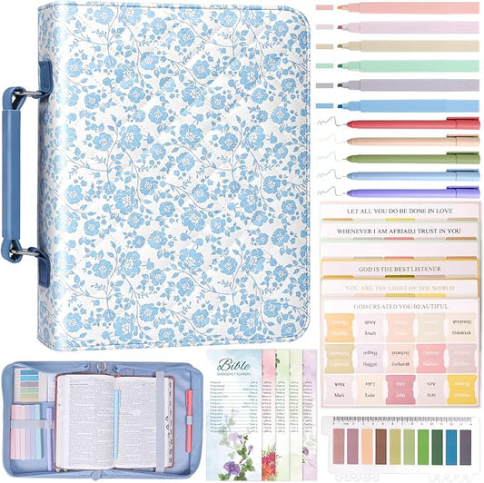 XKDOUS Bible Cover Case for Women Leather Quilted Bible Bag Organizer Large Book Carrying Case with Handle, Pens, Tabs, Study Supplies Journaling Kit Christian Gifts for Mom, Lady