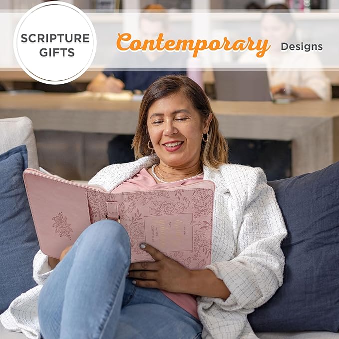 Christian Art Gifts Premium Vegan Leather Fashion Floral Bible Cover for Women: Strength & Dignity - Prov. 31:25 Inspirational Scripture Verse Carry Case w/Pockets & Pen Storage, Pink & Gold, Medium