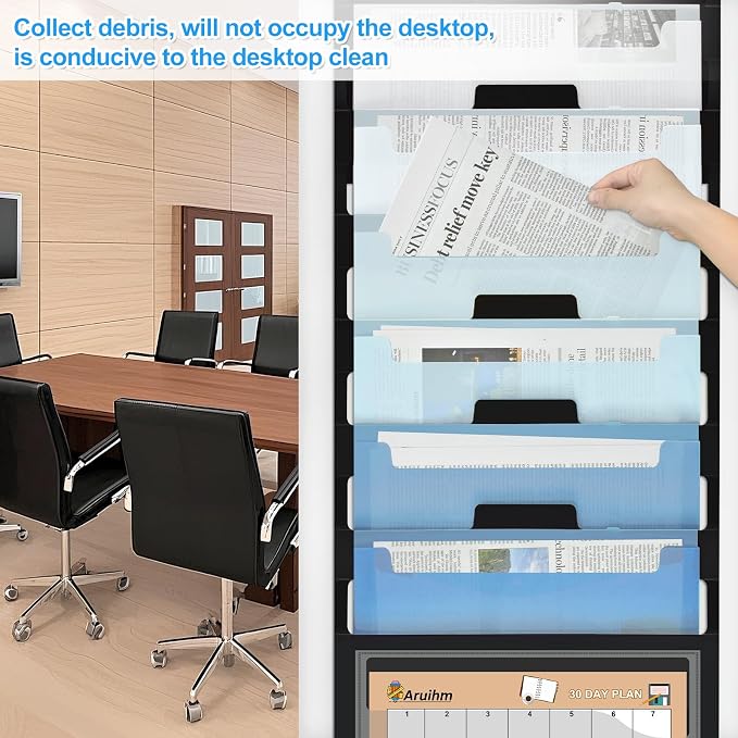 Wall File Organizer 6 Pocket, Hanging Wall File Organiser for Classrooms and Offices, 6 Removable Poly Hanging File Folders Black/Blue