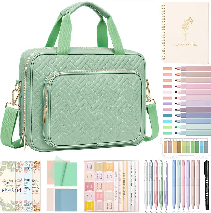 XKDOUS Bible Cover Case for Women, Quilted Large Bible Bag with Shoulder Strap, Bible Study Supplies with Highlighters, Tabs & Journaling Kit, Christian Gifts for Mom & Women (Light Green)