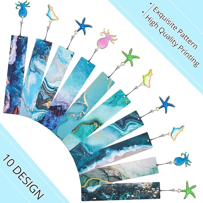 Nezyo 10 Pieces Ocean Bookmarks Page Markers with 10 Multi Ocean Marine Animal Pendants for Students Teachers School Classroom Reading Favor