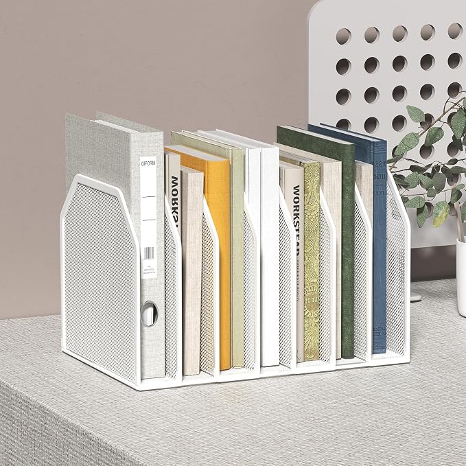 FANXIYQ White 7-Section File Folder Organizer for Desk, Metal Vertical File Holder Stand, Desktop File Organizer Rack for Letter/A4 Folders, Papers, Books, Office Classroom Home