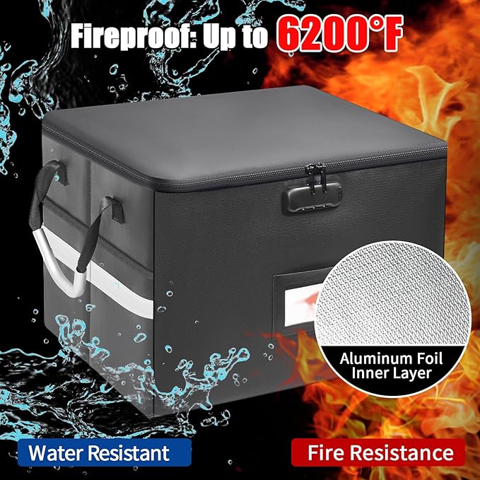 6200°F Upgraded Fireproof Document Box with 10-Layer Heat Decay Structure for Letter Legal Folders Home Office and Business Travel, 60L Portable Organizer with 3 Rails and Lock