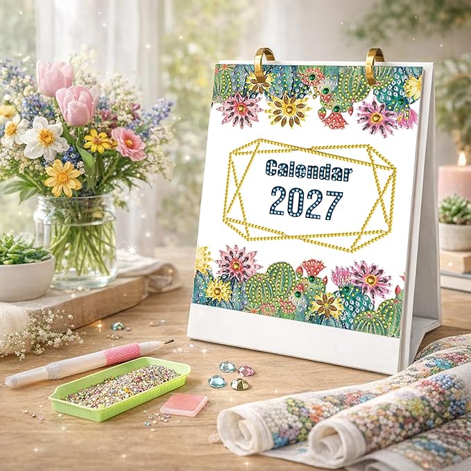 2027 Standing Desk Calendar DIY Diamond Art Painting Monthly Flip Dates Flowers Double-Sided Pattern Tabletop Calendars Diamond Art Craft Supplies Planner Office Home-2027 Flowers