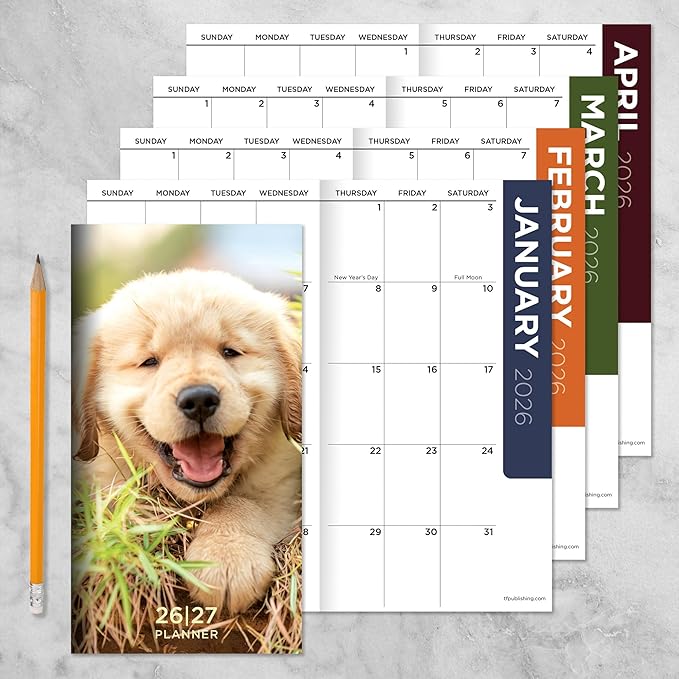 TF Publishing 2026-2027 Dog Small Monthly Pocket Planner with 2 Page Large Calendar Grid and Lined Notes Section - 2 Year Pocket Calendar 2026-2027 Perfect for Purse - 3.5in x 6.5in