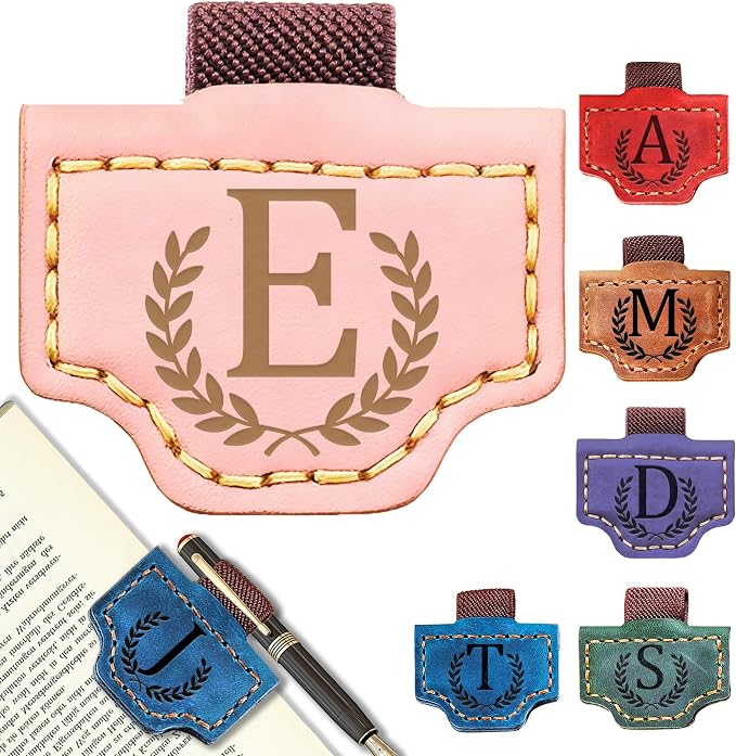 Personalized Leather Magnetic Bookmark with Pen Holder, Bookmark 26 Letters Name Initial Bookmarks for Readers, Book Lover Gifts for Women Men Notebook Accessories (Pink, E)