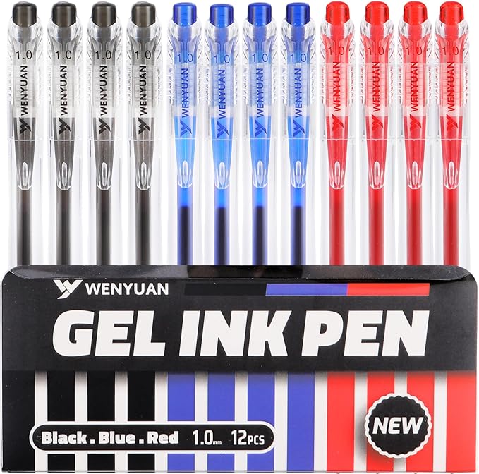 WY WENYUAN 12 Pcs Gel Pens, 1.0mm Bold Point Black & Red & Blue Pens, Quick Drying Gel Ink Pens for Smooth Writing, Retractable Ballpoint Pens for School, Office, Journaling, Note Taking
