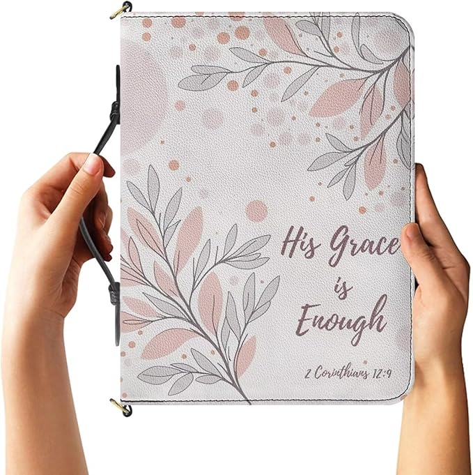 Aesthetic Bible Cover Case for Girls Gray, Medium Bible Covers with Strap and Handle, II Corinthians 12:9 Book Organizer with Inner Pockets and Pen Loop, Biblia Study Supplies for Girls