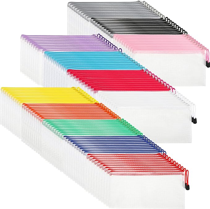 Sherr 120 Pcs Mesh Zipper Pouch A6 Pencil Pouches Bulk Small Clear Mesh Bags with Zipper 9.45'' x 4.53'' Waterproof File Bag Pencil Case for School Office Travel Organization(White)