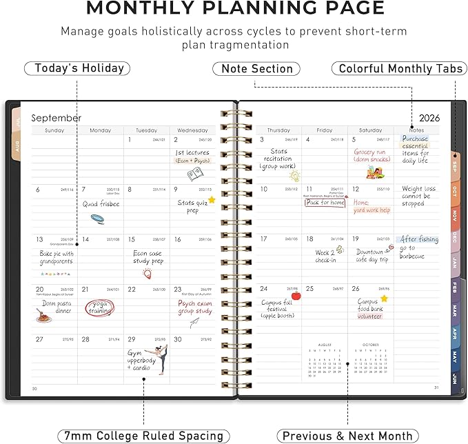 RETTACY Academic Planner 2026-2027, Weekly and Monthly, July 2026 - June 2027, Large Size (8.5" x 11"), Calendar, Agenda, 12-Month Tabs, for Student, Teacher, School (Black)