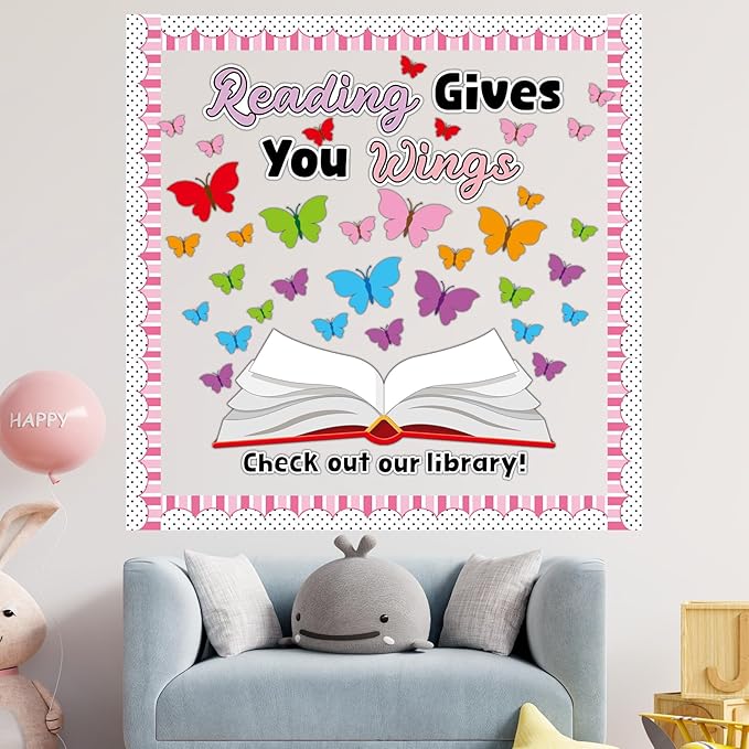 Reading Bulletin Board Set Reading Gives Your Imagination Wings Classroom Decoration Motivational Colorful Butterfly Paper Cutouts for Back to School Nursery Library Door Wall Decor Supplies