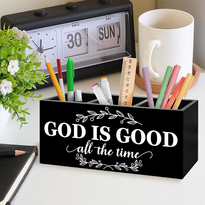 Christian Bible Verse Pen Holder, God Is Good All the Time Christian Office Pen Pencil Holder Organizer for Desk Accessories, Religious Wooden Box Desk Decor for Home Office Desk Decorations