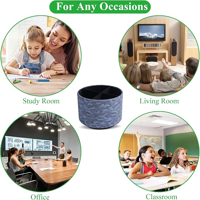 Round Leather Art Supply Organizer,Remote Control Holder,360 Degree Rotating,Multi-Functional Pencil Holder,4 Compartments Desktop Stationary Organizer(1-Camouflage Blue)