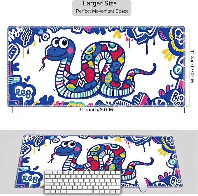 Mouse Pad Gaming Mousepad 31.5x11.8 Inch XXL Large + Coasters,Desk Mat with Stitched Edges, Non-Slip Rubber Base, Thick Mouse Pad for Computer, Laptop, Office & Home - Cute Snake