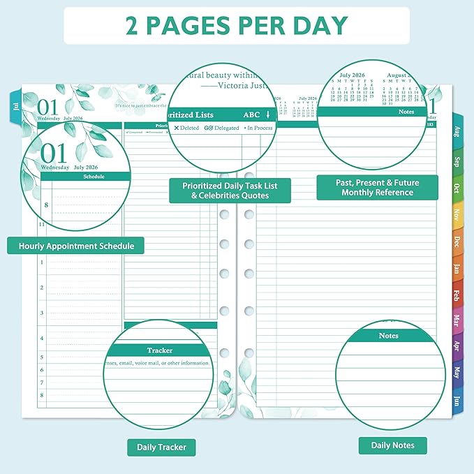 2026-2027 Planner Refills – JUL 2026 - JUN 2027 Planner Refills, Two Pages Per Day, Daily Planner 2026-2027, 5.5" x 8.4" Ring-Bound Organizer, Daily Tracker & Schedule, Coloful Tabs