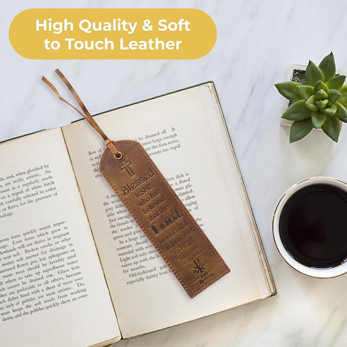 Leather Bible Bookmarks - 2 Leather Christian Bookmarks with Inspirational Bible Verse | Luke 1: 45 Blessed is She | Perfect Religious Book Marker Gifts for Men, Women, Readers and Friends