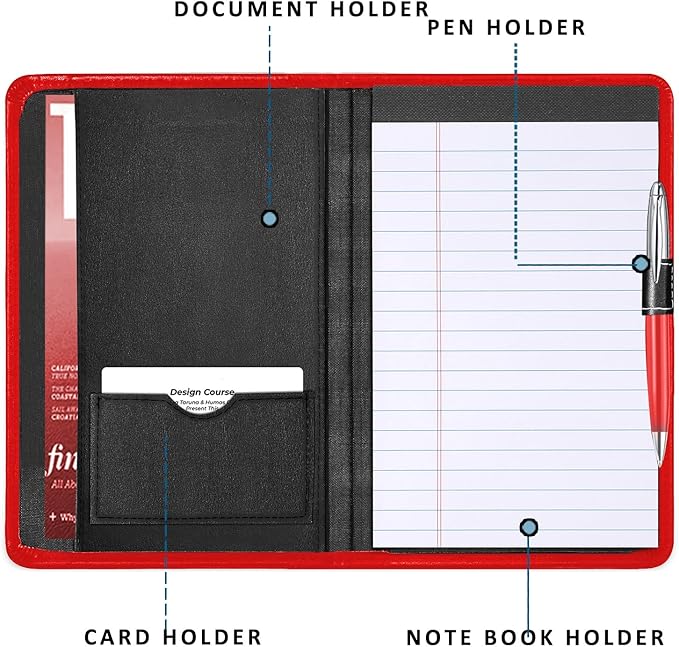 Mini Padfolio/Junior Portfolio Folder Case, Business A5 Binder Organizer Notepad for Men Women, 5 x 8 Writing Pad Included, Red