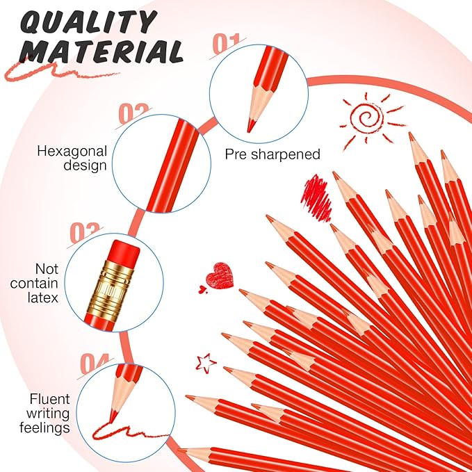 Sabary 24 Pcs Red Pencils with Eraser Pre Sharpened Red Pencil 2 HB for Checking Correcting Tests Grading Map Coloring Editing Office Favors