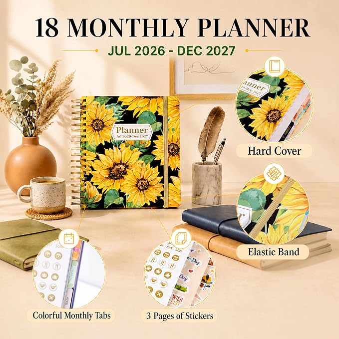 CAGIE Planner 2026-2027 18 Month July 2026-Dec 2027 Weekly and Monthly Calendar Planners Yearly Daily Hardcover 26-27 Planner for Women with Stickers Tabs Spiral Bound Agenda, Sunflower, 8.3"x9.1