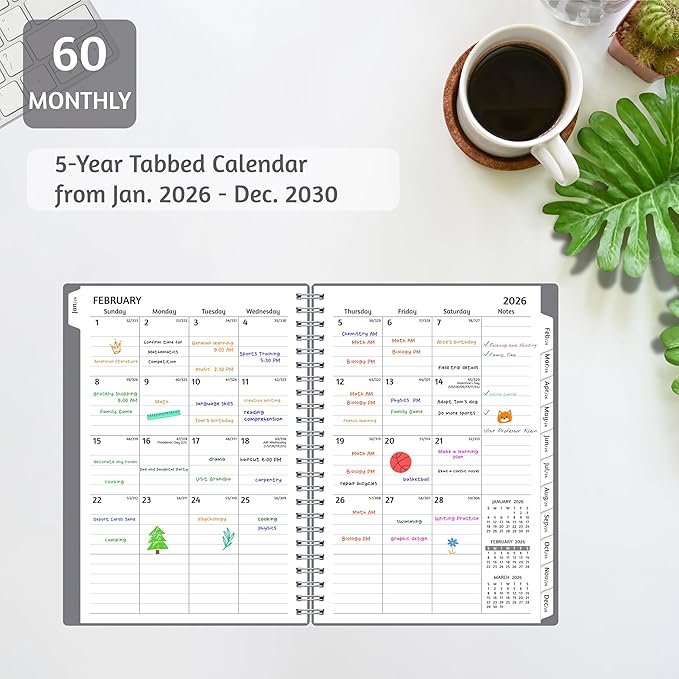 Monthly Planner 2026-2030, 5-Year Calendar Planner 2026-2030, Jan 2026 – Dec 2030, 6.2 x 8.4 In, Ruled Spread, Flexible Cover, Spiral Wirebound, Pocket, 60 Coated Monthly Tabs, Notes ＆ Habit Tracker