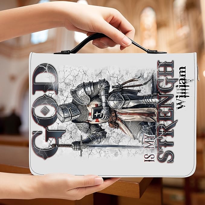 Custom Leather Bible Cover with Name – Personalized Bible Case for Women Zippered with Handle, Bookmark & Storage Pockets, Christian Gift for Mom, Daughter, Grandma (Man - God is My Strength, M-2XL)