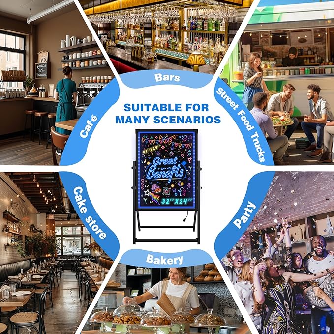 Hosim Standing A-Frame LED Message Writing Board, 24"x16" Illuminated Erasable LED Neon Menu Sign Board with 8 colors Markers & 16 Lighting Colors DIY Chalkboard Drawing Board for Restaurant Promotion