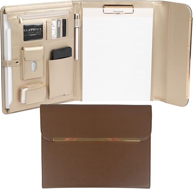 BLU MONACO | Brown Vegan Leather Binder for Women | Magnetic Closure Business Leather Portfolio Organizer with Gold Trim | Professional Padfolio for Meetings Interviews Documents