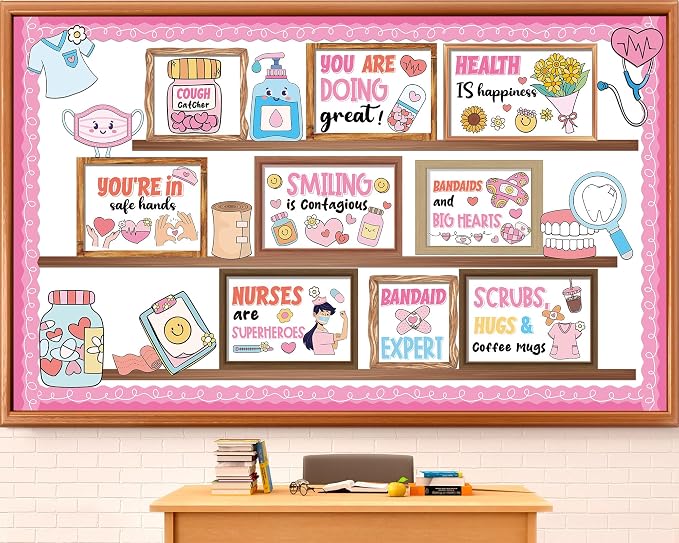 Nurse Bulletin Board Decorations Set Health Inspirational Bookshelf Classroom Decoration Back to School Bulletin Board Positive Nursing Paper Cutout for Nurse Day Hospital Clinic Medical RN Wall Decor