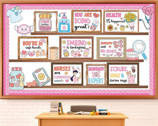 Nurse Bulletin Board Decorations Set Health Inspirational Bookshelf Classroom Decoration Back to School Bulletin Board Positive Nursing Paper Cutout for Nurse Day Hospital Clinic Medical RN Wall Decor