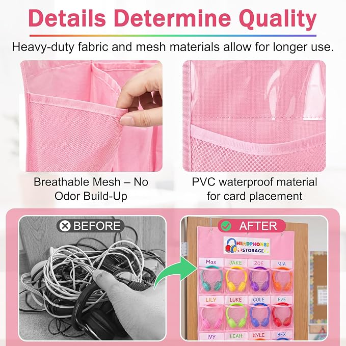 AmazingSpark 16 Pockets Classroom Headphone Storage Thickened Non-woven Fabric Mesh Pocket Chart Over The Door Hanging Cell Phone Organizer with Signed Card for Back to School Classroom Library, Pink