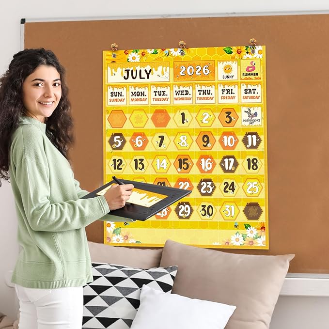 Sinload Classroom Calendar Pocket Chart Set Calendar Bulletin Board Set Seasons Festival Weather Pocket Chart for Classroom Decoration Back to School Supplies(Bee,Yellow)