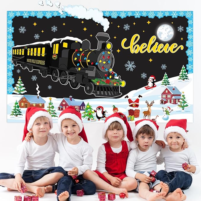 Christmas Train Bulletin Board Decorations Polar Train Express Classroom Decoration North Pole Express Winter Bulletin Board Xmas Believe Polar Golden Tickets Cutout for Winter Holiday Office Supplies