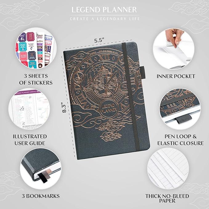 Legend Planner – Undated Weekly & Monthly Life Planner to Hit Your Goals & Live Happier, Organizer Notebook & Productivity Journal, A5 (Mystic Gray, Gold)