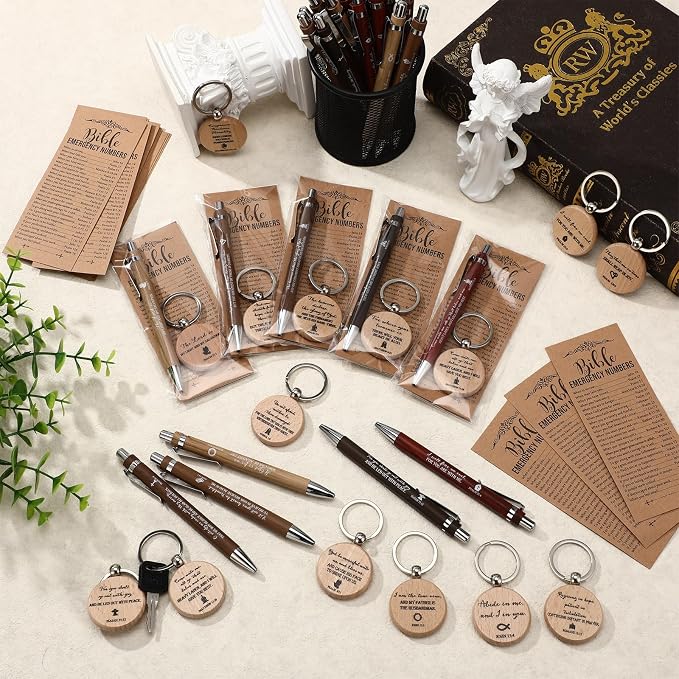 Feifeiya 25 Sets Father's Day Christian Gifts Bulk for Men Bible Verse Pens Keychains Emergency Number Bookmarks Religious Gift Party Favors for Father Pastor Church Baptism Sunday School(Mixed Color)