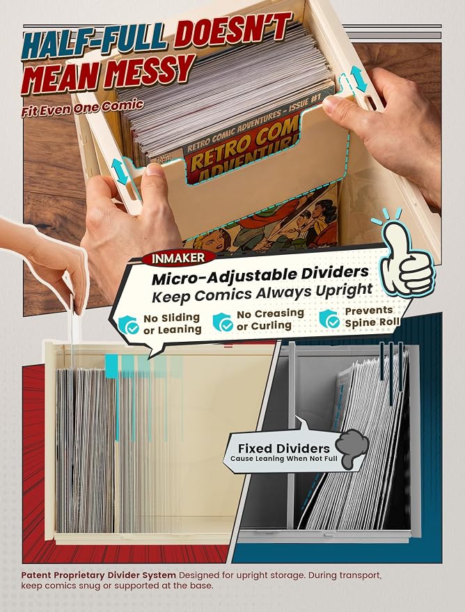INMAKER Comic Book Storage Box, Holds Up to 150 Comics, Acid Free Plastic Book Bin with 2 Adjustable Dividers (Warm White)