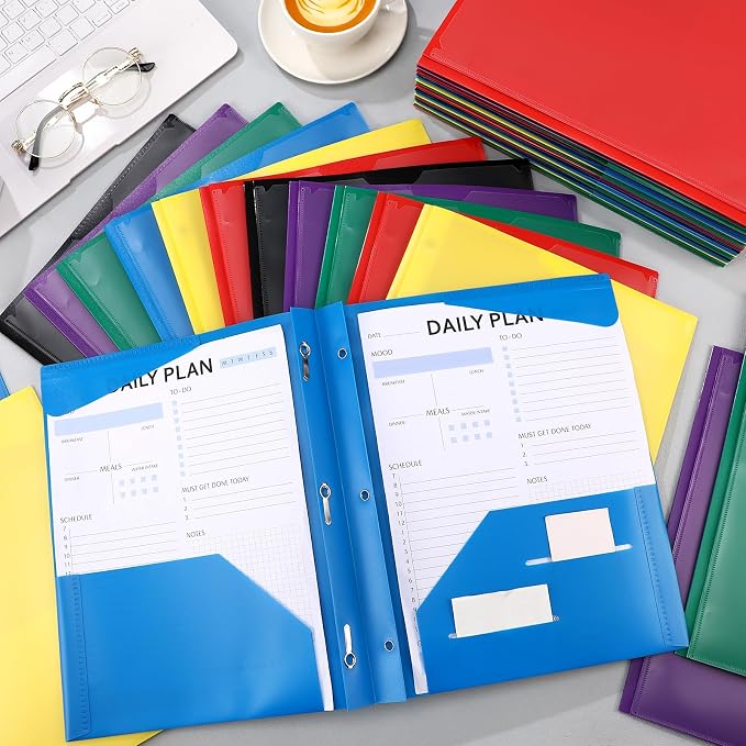Tenceur 48 Pack Plastic Folders with 3 Prongs Bulk Heavy Duty Folders with Clear Front Pockets and Card Slots with Fasteners Fit Letter-Size Papers for Work School Office (Bright Colors)