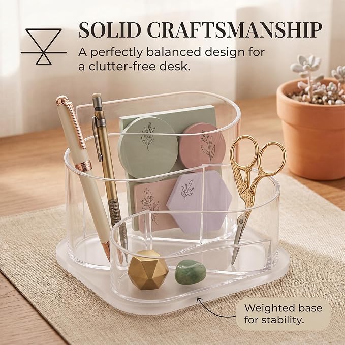 Desk Top Organizer, Aesthetic Pen Pencil Holder for Desk, Small Office Teacher Desktop Organizers and Accessories (Clear)