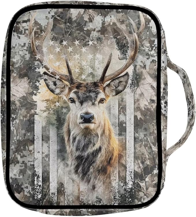 Coldinair Elk Camo American Flag Bible Cover for Kids Boy,Protective Book Cover Bible Case Carrier Carrying Organizer Purse Handbag with Zipper Pockets Church Bag