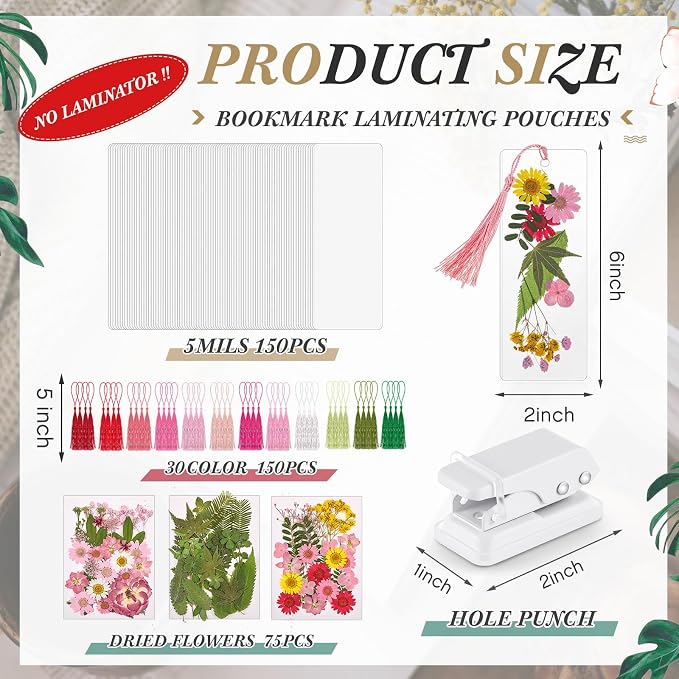 Fuyoooo 376 Pcs Dried Flower Bookmark Making Kit, DIY Bookmark Laminating Pouches with Tassels and Puncher, Handmade Craft Kit for Women, DIY Gifts for Book Lovers (Pink,2 x 6 Inch)