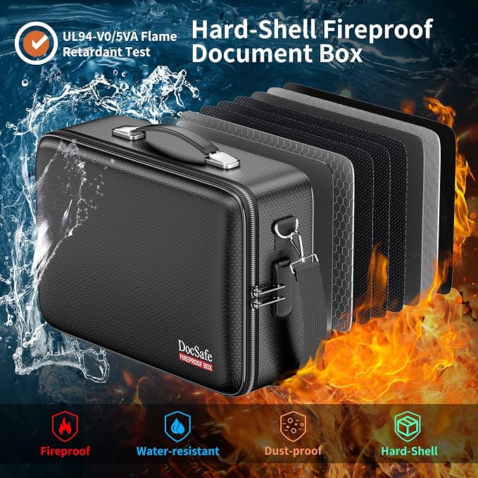 DocSafe Fireproof Document Box with Lock, Hard Case File Organizer with Accordion File Folder, Fireproof Water Resistant Safe Box Home Office Travel Storage for Important Documents Laptop Black