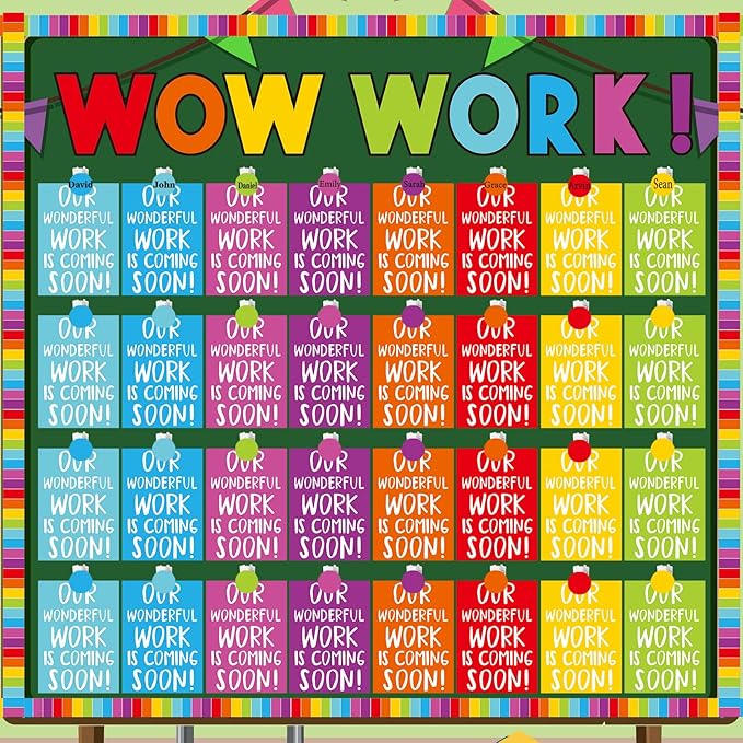 Mooliwe 139 Pcs Student Work Display Bulletin Board Decoration Set Colorful Wow Works Cutouts with Clips Names Display Classroom Wall Decor for Teachers Back to School Supplies(Rainbow,Classic)