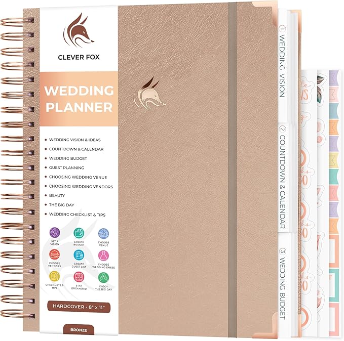Clever Fox Wedding Planner – Notebook Organizer for Bride – Wedding Planning Binder Book with Pockets – Engagements Gift, 10x11″ (Bronze)