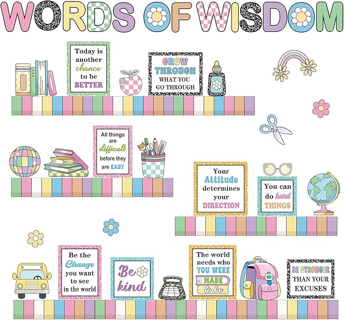 Qilery Words of Wisdom Bulletin Board Set Retro Groovy Classroom Decorations with Bookshelf Border Inspirational Quotes for School Library Reading Nook Pastel Macaron Teacher Supplies Back to School