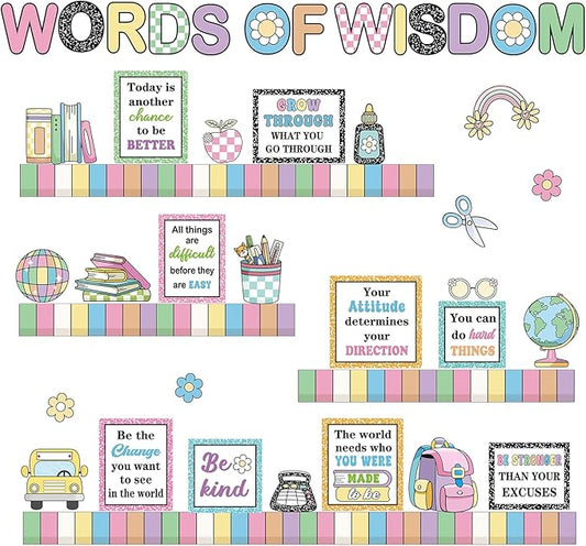 Qilery Words of Wisdom Bulletin Board Set Retro Groovy Classroom Decorations with Bookshelf Border Inspirational Quotes for School Library Reading Nook Pastel Macaron Teacher Supplies Back to School